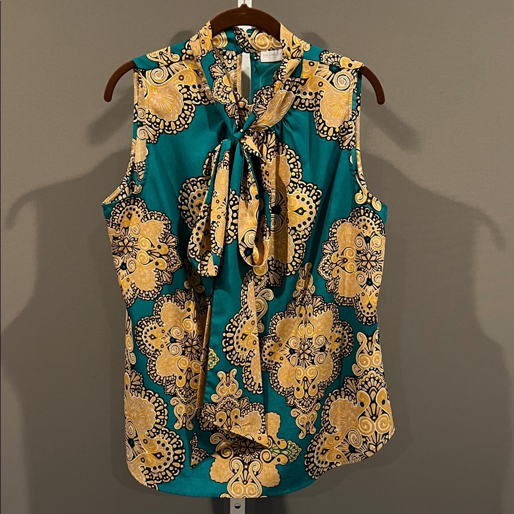 New York & Co Teal & Gold Tie Blouse - Picture 2 of 6